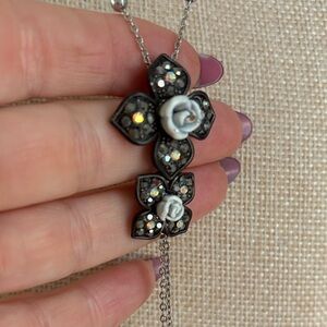 Cutest Black and Silver Cross Pendant Necklace w/ Roses